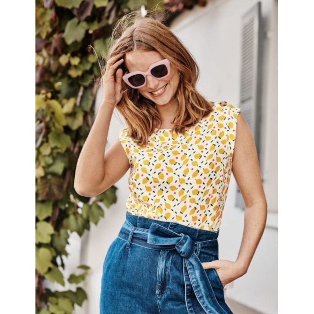 Boden W0480 Ivory Lemon Print 100% Linen Button Shoulder Shell Top US 12R NEW